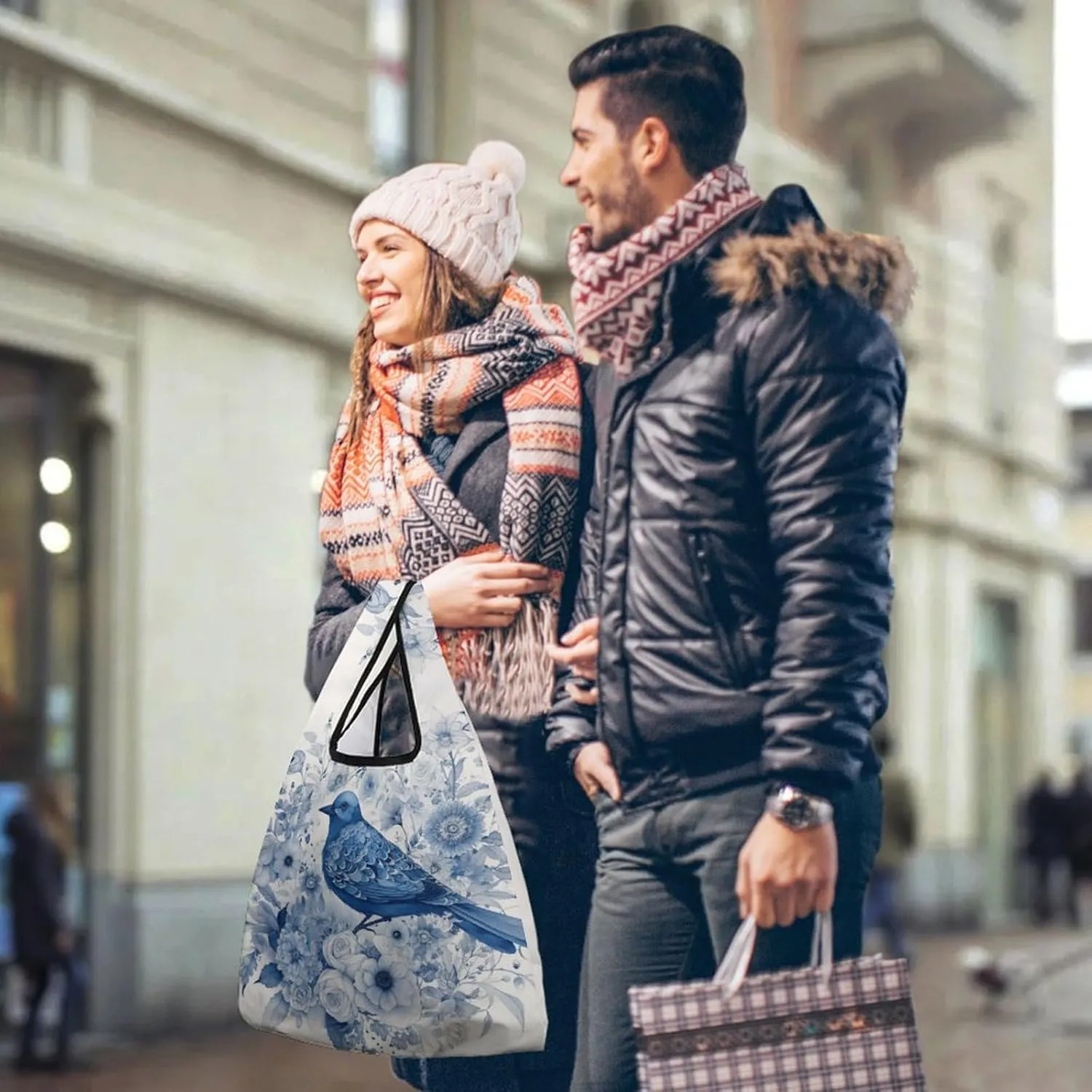 Grocery Bag Reusable Tote Bag Foldable Bluebird And Flowers Shopping Bag Handbag Washable Shoulder Bag for Travel