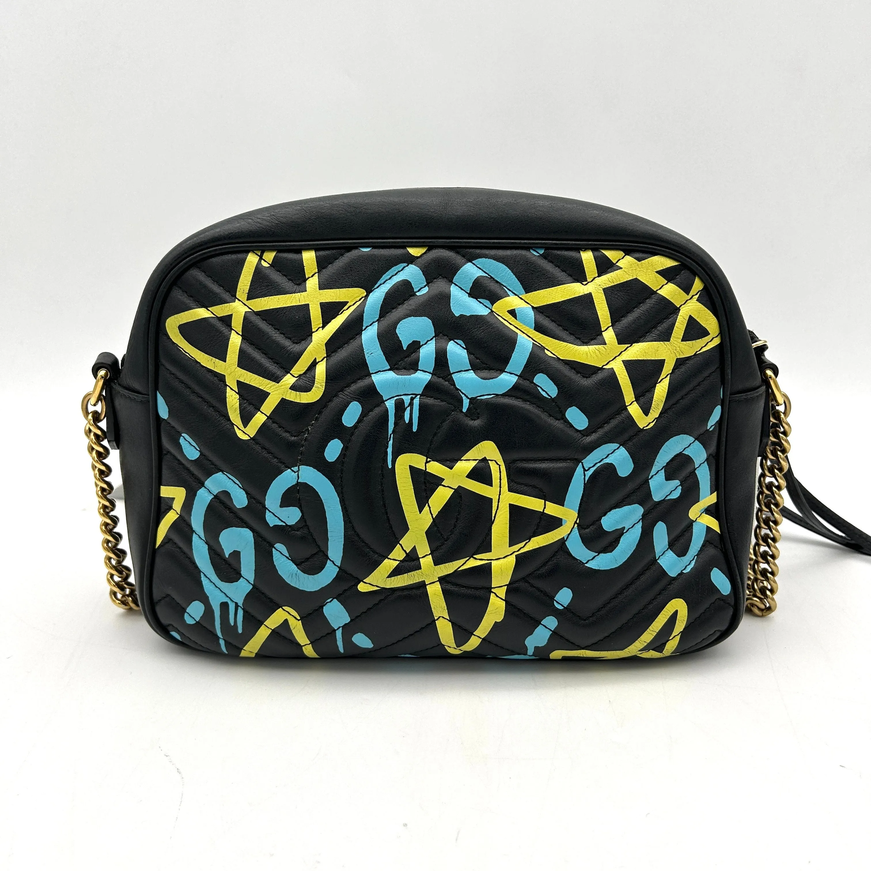 GUCCI Calfskin Matelasse GucciGhost Medium GG Marmont Chain Shoulder Bag Black New Aquamarine LA12106