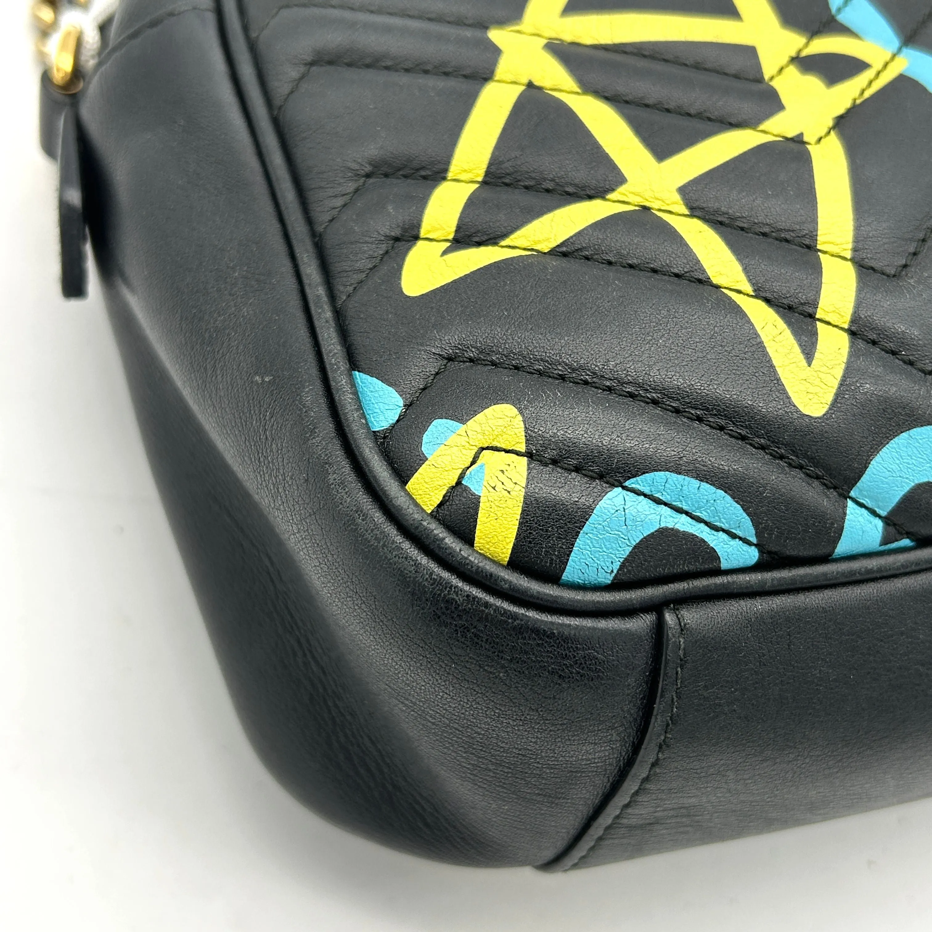 GUCCI Calfskin Matelasse GucciGhost Medium GG Marmont Chain Shoulder Bag Black New Aquamarine LA12106