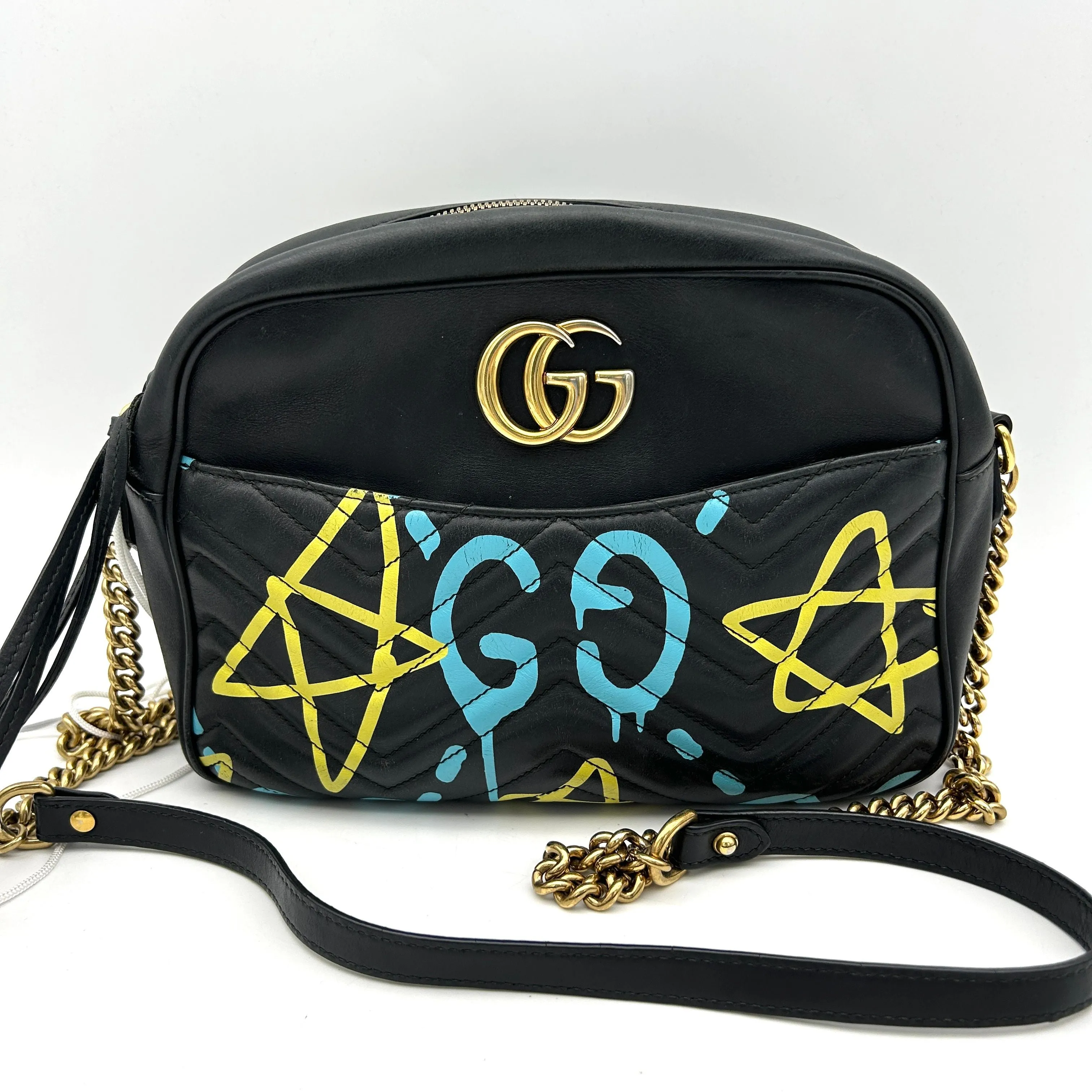 GUCCI Calfskin Matelasse GucciGhost Medium GG Marmont Chain Shoulder Bag Black New Aquamarine LA12106