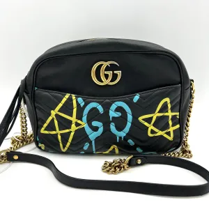 GUCCI Calfskin Matelasse GucciGhost Medium GG Marmont Chain Shoulder Bag Black New Aquamarine LA12106