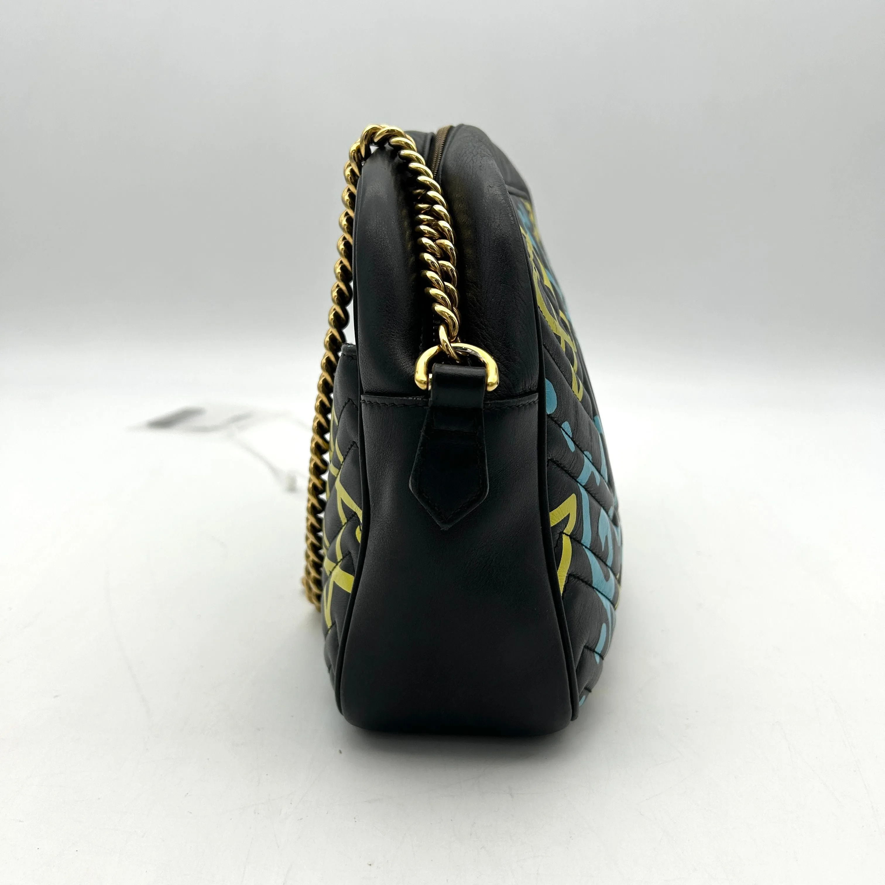 GUCCI Calfskin Matelasse GucciGhost Medium GG Marmont Chain Shoulder Bag Black New Aquamarine LA12106