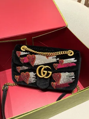 Gucci GG Marmont Black Velvet Heart Embellished Shoulder Bag