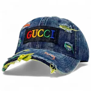 Gucci Rainbow Logo Distressed Denim Cap – Luxury Streetwear Icon