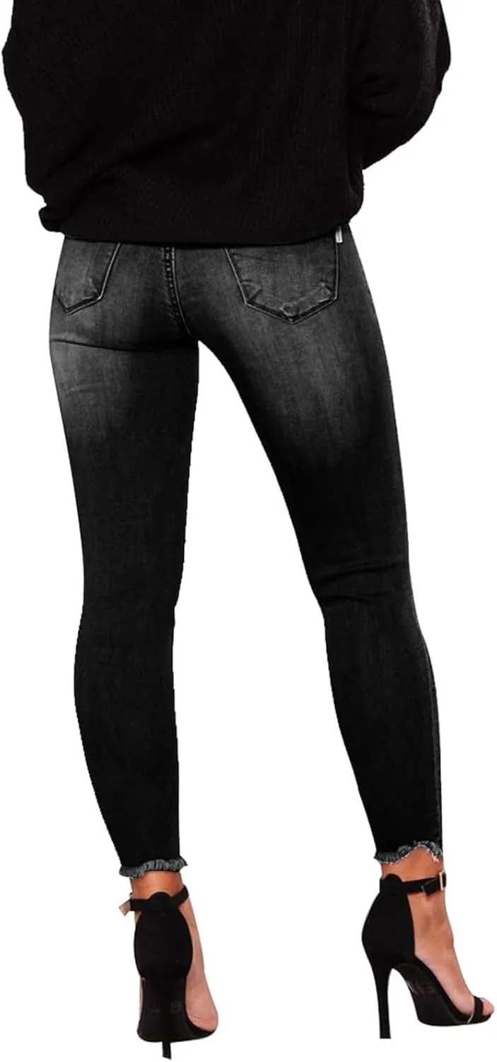 Gumipy Ripped Stretchy Jeans for Women Button Up Mid Rise Skinny Jeans Slim Fit Butt Lifting Jeans for Curvy with Pockets