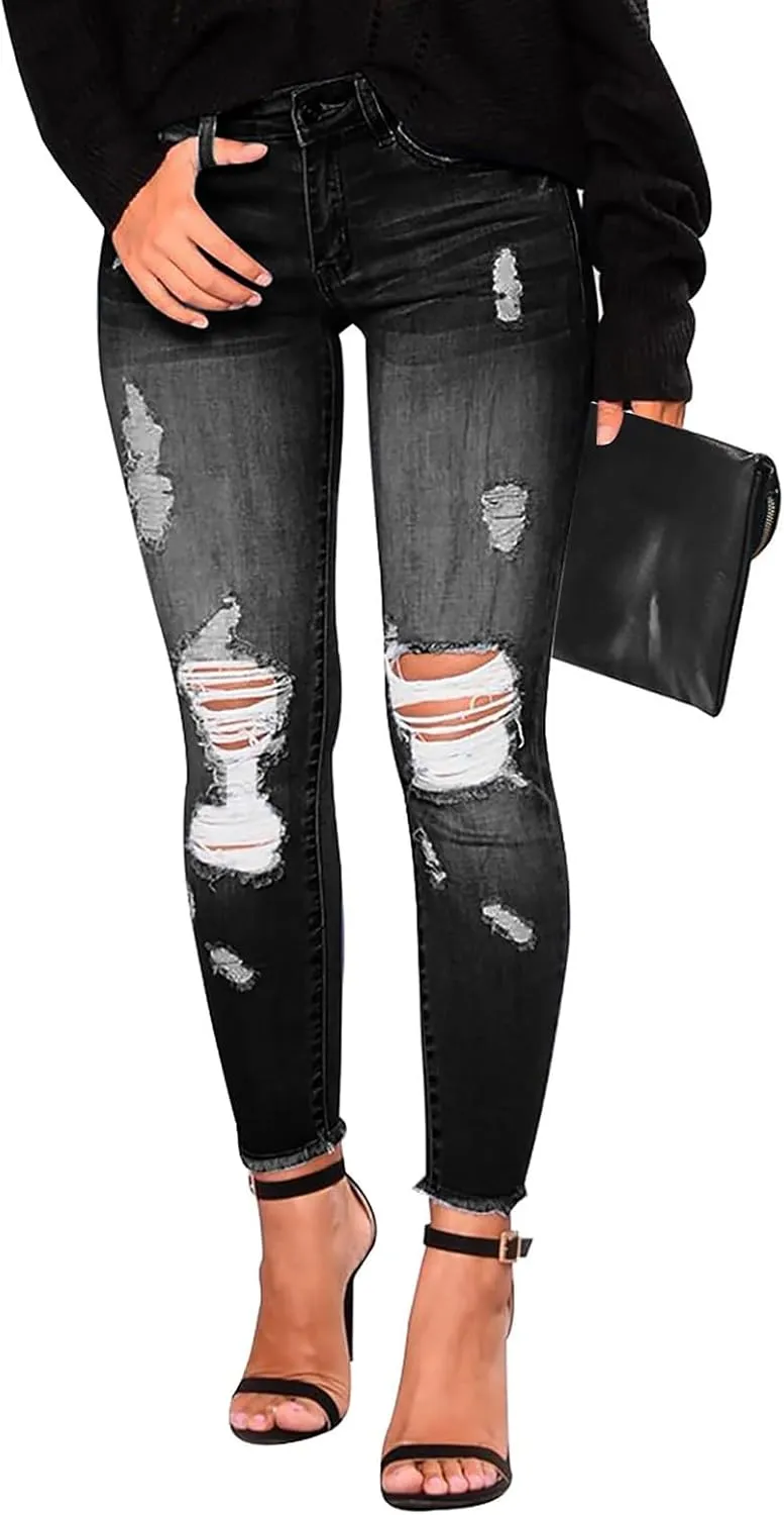 Gumipy Ripped Stretchy Jeans for Women Button Up Mid Rise Skinny Jeans Slim Fit Butt Lifting Jeans for Curvy with Pockets