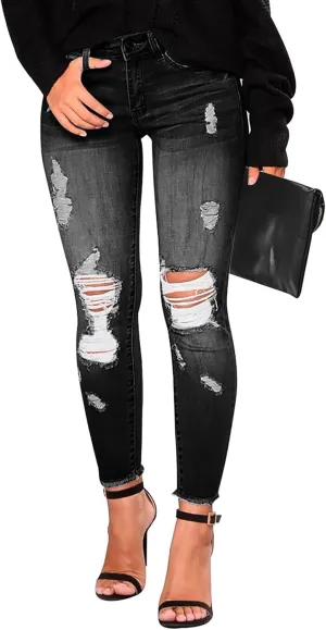 Gumipy Ripped Stretchy Jeans for Women Button Up Mid Rise Skinny Jeans Slim Fit Butt Lifting Jeans for Curvy with Pockets