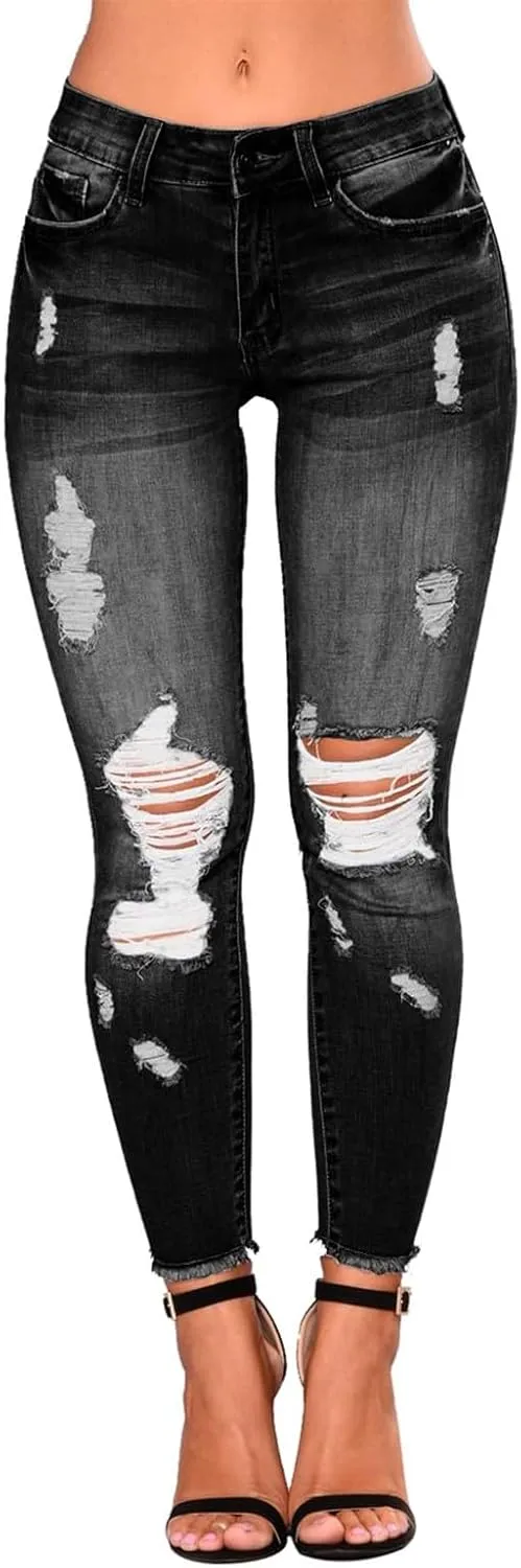 Gumipy Ripped Stretchy Jeans for Women Button Up Mid Rise Skinny Jeans Slim Fit Butt Lifting Jeans for Curvy with Pockets