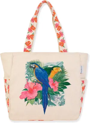 Guy Harvey Tropical Parrot Canvas Tote Bag, Floral Straps, Hibiscus Print Accents, Beige