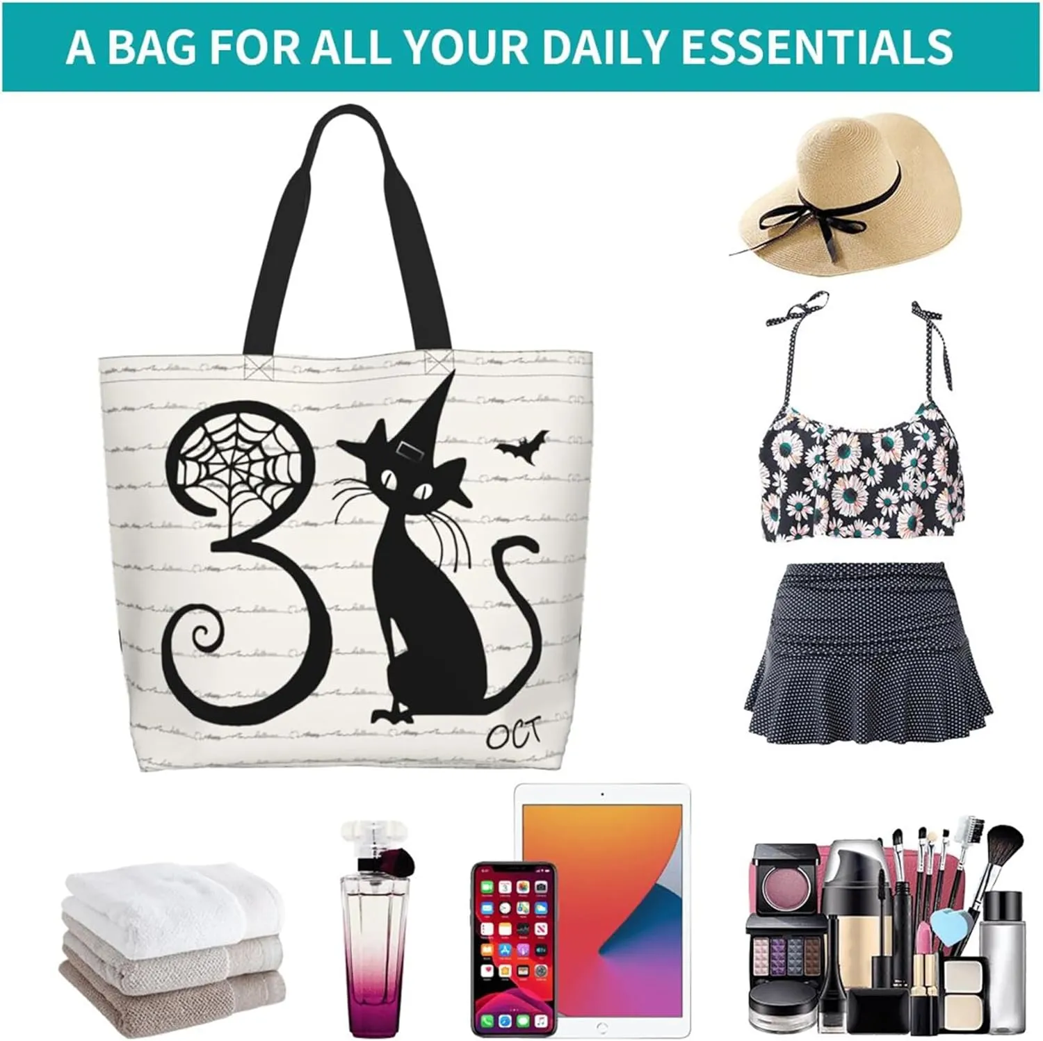 Halloween Women Travel Tote Bag With Zipper - Large Beach Work Handbag Purse