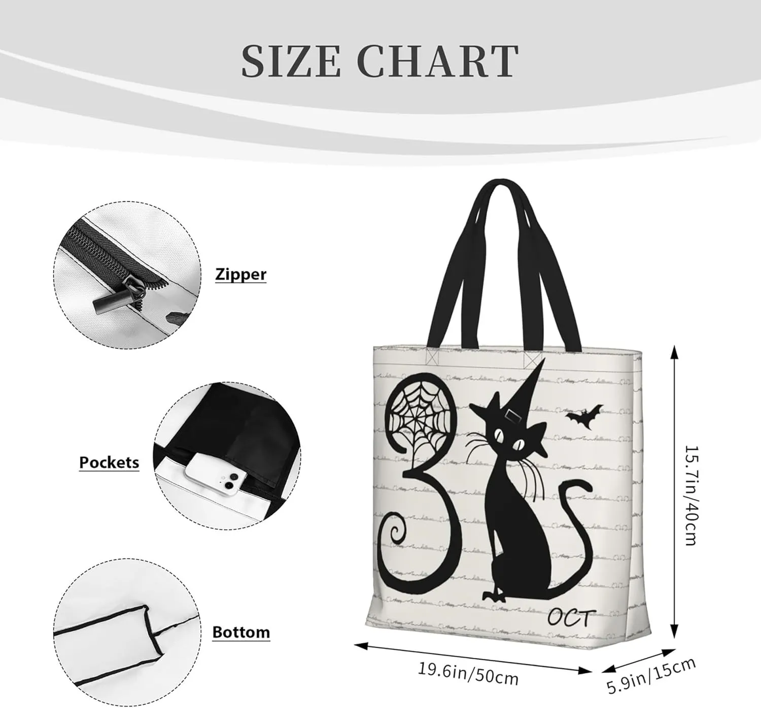 Halloween Women Travel Tote Bag With Zipper - Large Beach Work Handbag Purse