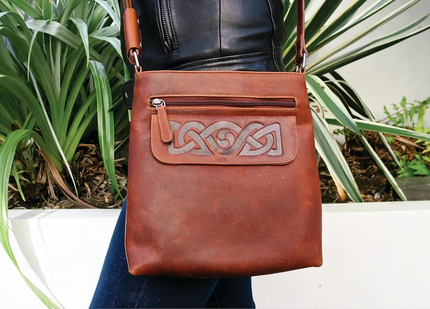 Handmade 100% Genuine Leather Crossbody Travel Handbag for Women, Embossed Irish Celtic Knot, Imported, Handmade in Ireland