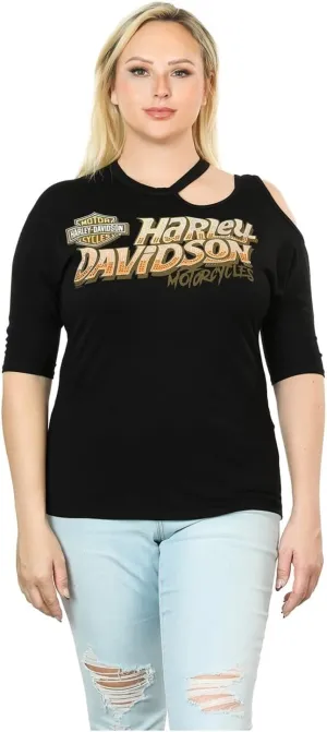 Harley-Davidson Women's Go Harley Go Cold Shoulder 3/4 Sleeve T-Shirt, Black