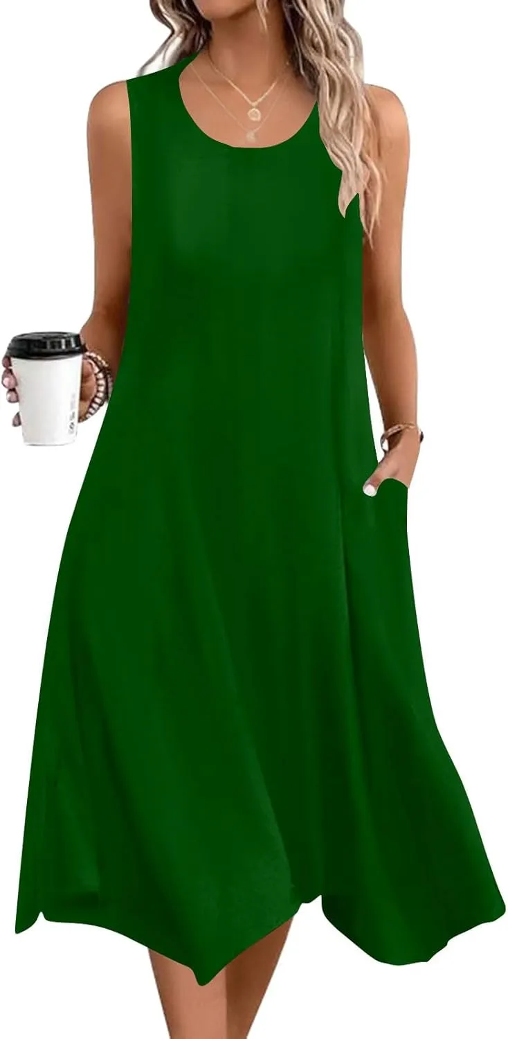 Hawaiian Dresses for Women Summer Casual Sleeveless Sundresses Fashion Hankerchief Flare Flowy Dress with Pockets