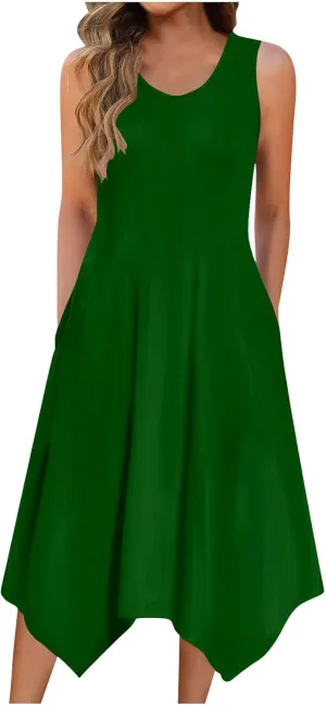 Hawaiian Dresses for Women Summer Casual Sleeveless Sundresses Fashion Hankerchief Flare Flowy Dress with Pockets