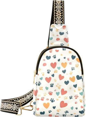 Heart Paw Print Full-Print Leather Fashion Waist Pack Small Crossbody Bag with Card Slots & Adjustable Strap for Biking Shopping Hiking Running & Casual Outings