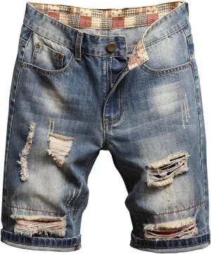 HENGAO Men's Ripped Jean Short Distressed Straight Fit Denim Shorts