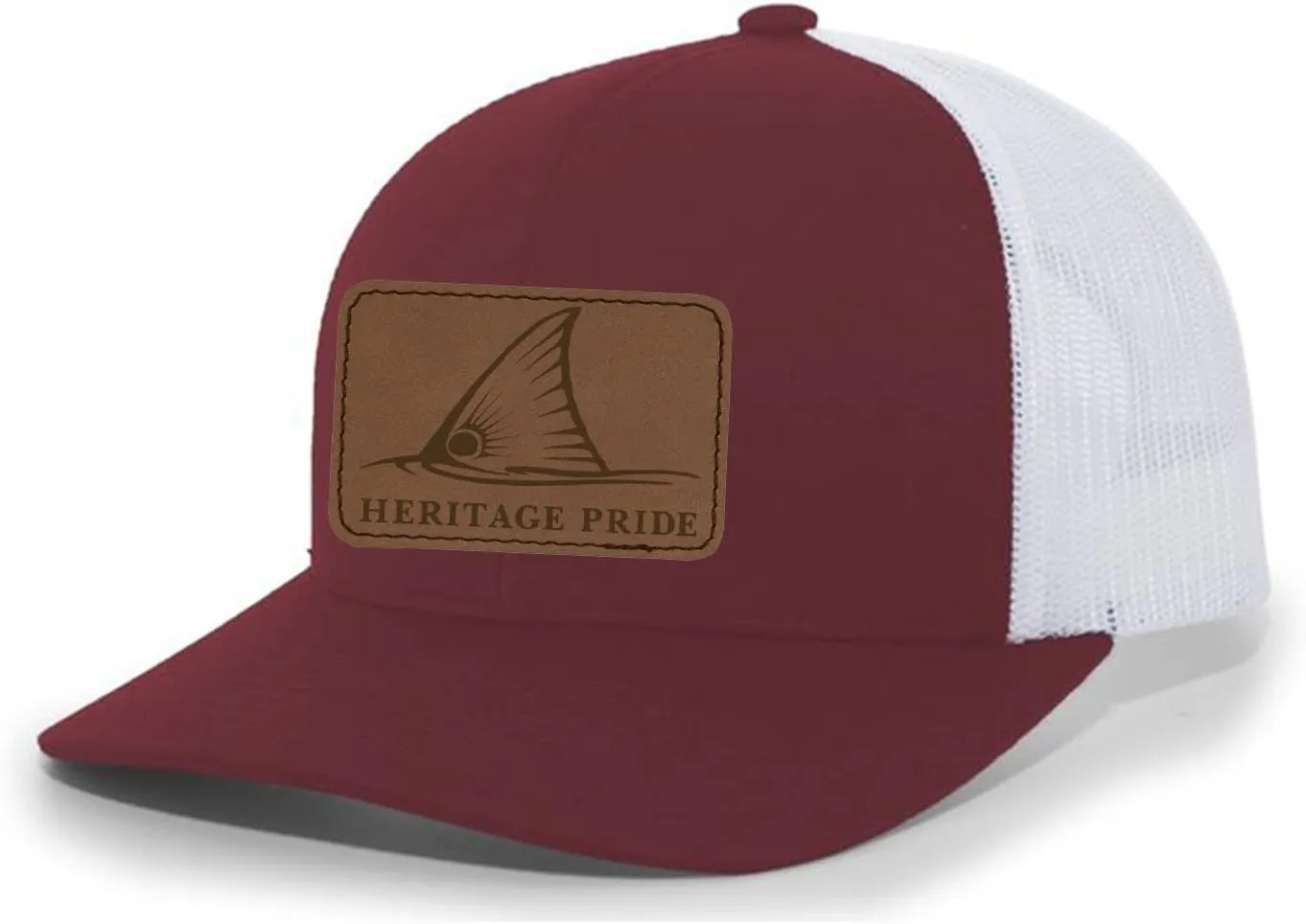 Heritage Pride Redfish Fin Laser Engraved Leather Mens Trucker Hat Baseball Cap
