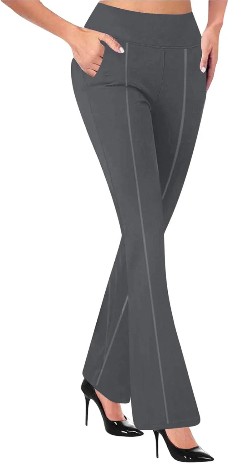 HGps8w Pull On Dress Pants for Women with Pockets, Business Casual High Waisted Stretchy Bootcut/Straight Work Pants