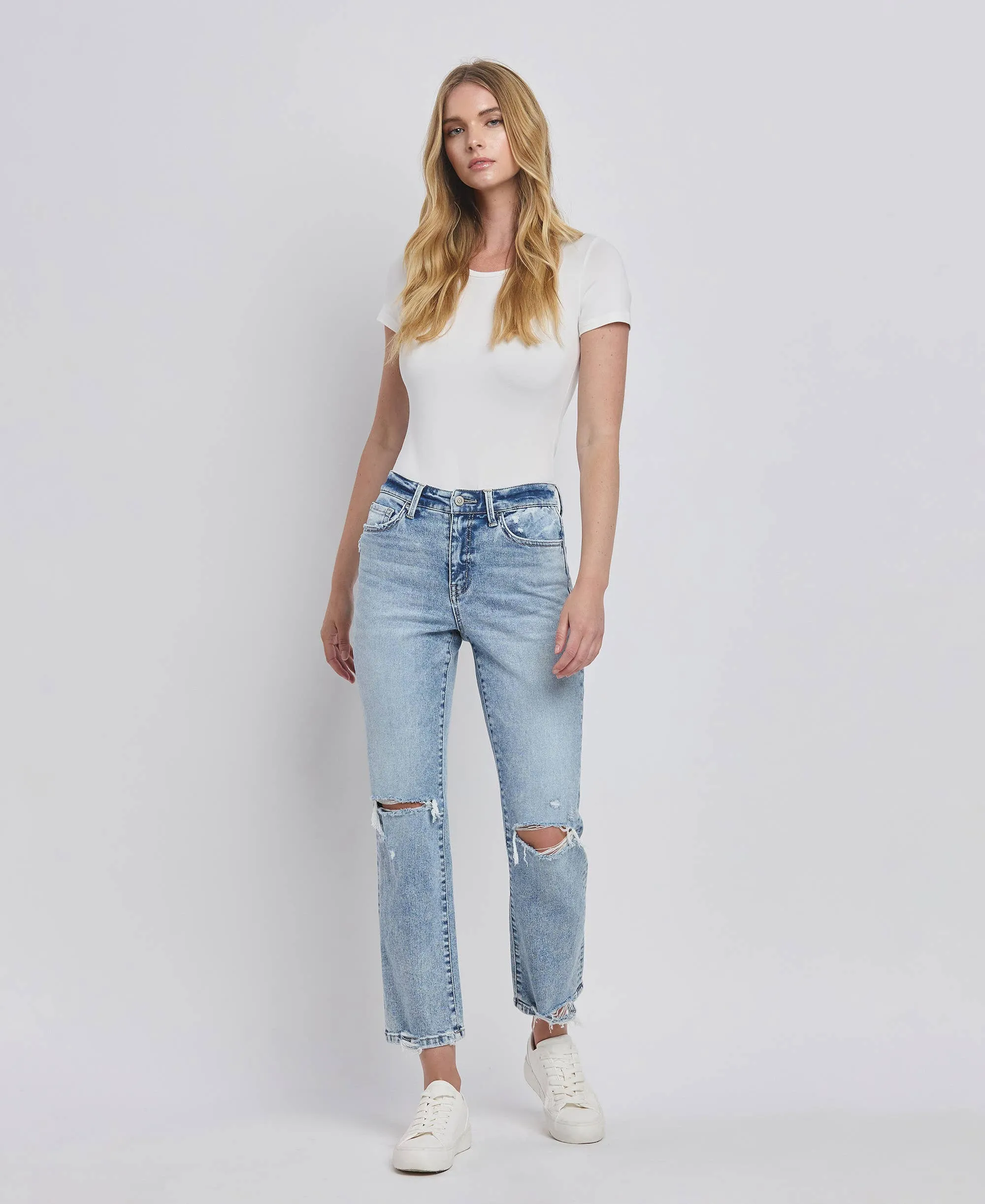 HIGH RISE DISTRESSED STRAIGHT JEANS