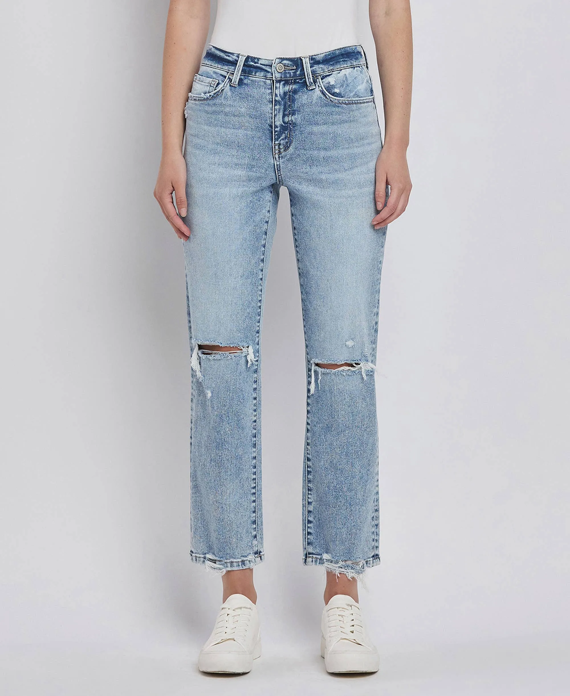 HIGH RISE DISTRESSED STRAIGHT JEANS