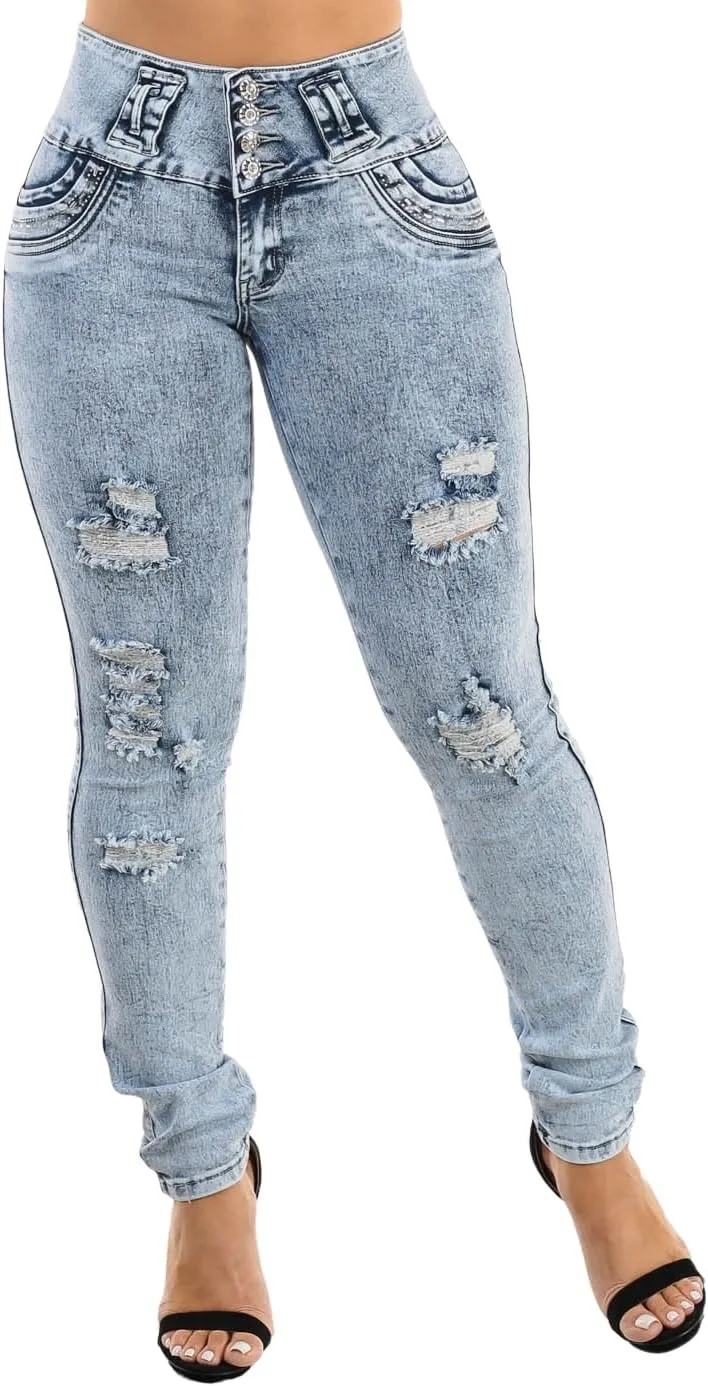 High Waisted Butt Lifting Skinny Jeans - Distressed Levanta Cola Stretchy Jeans