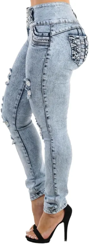 High Waisted Butt Lifting Skinny Jeans - Distressed Levanta Cola Stretchy Jeans