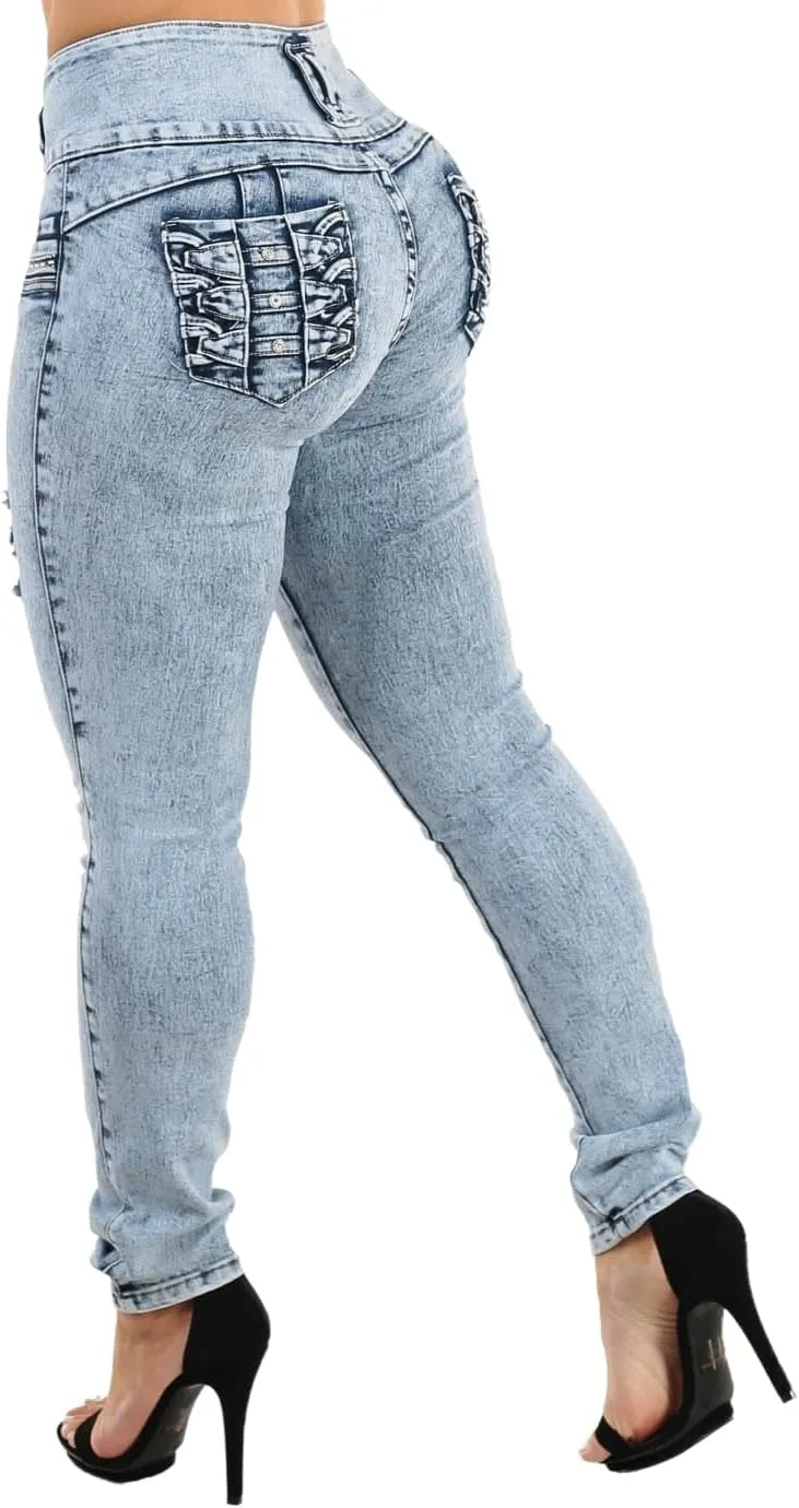 High Waisted Butt Lifting Skinny Jeans - Distressed Levanta Cola Stretchy Jeans