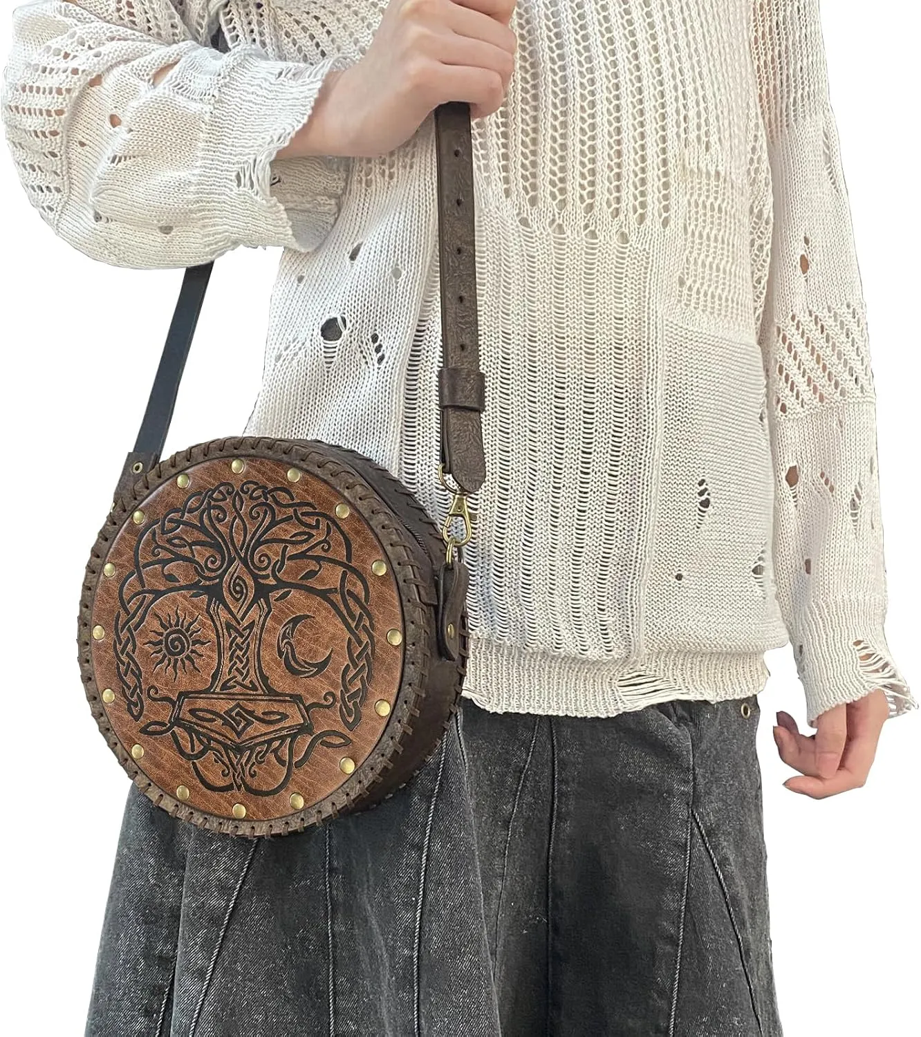 HiiFeuer Viking Embossed Crossbody Bag, Nordic Faux Leather Belt Bag Satchel Bag, Medieval Portable Cosplay Shoulder Bag (Brown B)