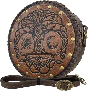 HiiFeuer Viking Embossed Crossbody Bag, Nordic Faux Leather Belt Bag Satchel Bag, Medieval Portable Cosplay Shoulder Bag (Brown B)