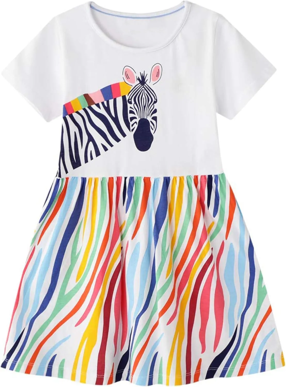 Hongshilian Toddler Girls Cotton Casual Dress Cartoon Print Short Sleeve Dress Girls Summer Sundress 2-7 Years