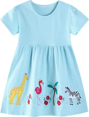 Hongshilian Toddler Girls Cotton Casual Dress Cartoon Print Short Sleeve Dress Girls Summer Sundress 2-7 Years