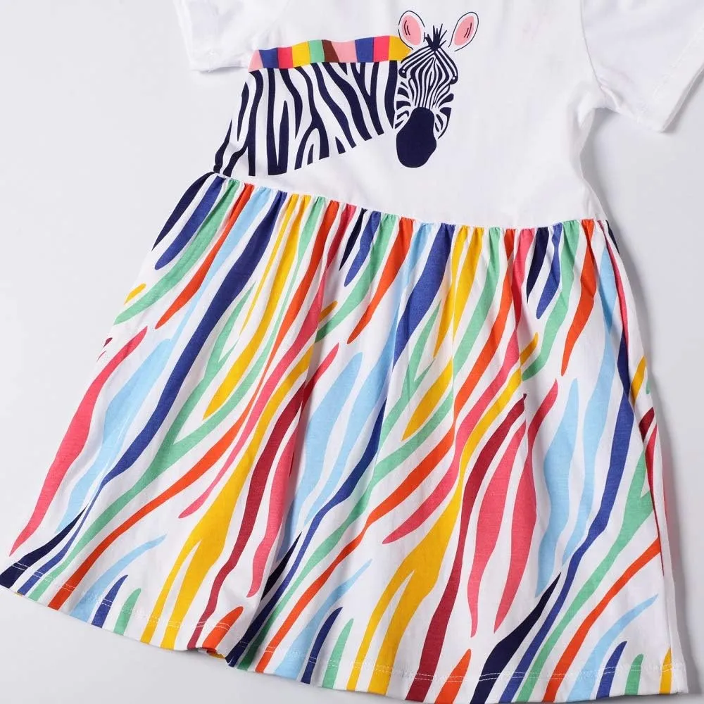 Hongshilian Toddler Girls Cotton Casual Dress Cartoon Print Short Sleeve Dress Girls Summer Sundress 2-7 Years