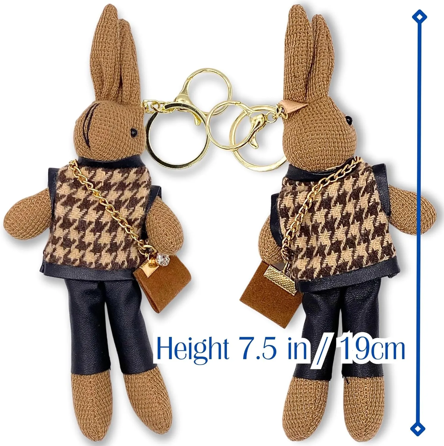 Houndstooth Faux Leather Crossbody Bags, Womens Metal Chain Strap Vegan Shoulder Clutch Purse with Rabbit Key Ring