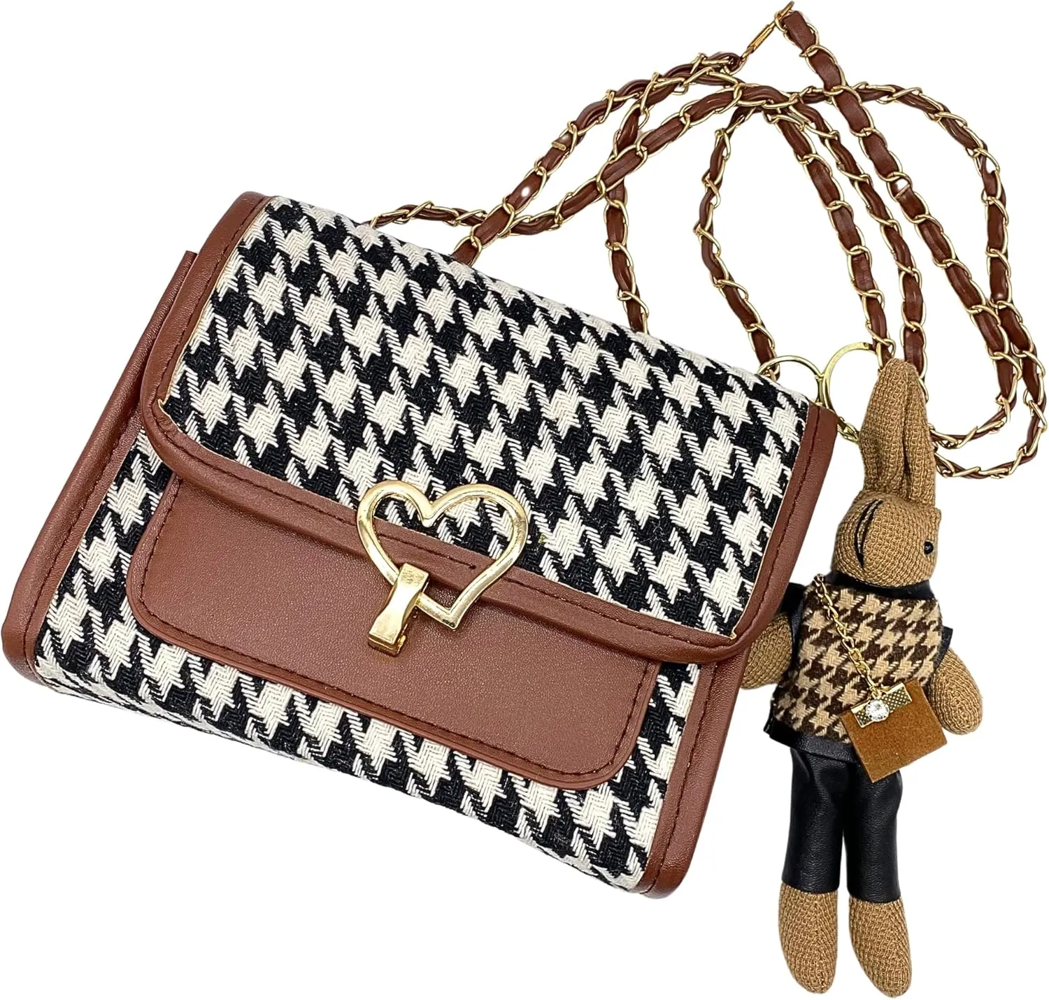 Houndstooth Faux Leather Crossbody Bags, Womens Metal Chain Strap Vegan Shoulder Clutch Purse with Rabbit Key Ring