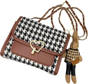 Houndstooth Faux Leather Crossbody Bags, Womens Metal Chain Strap Vegan Shoulder Clutch Purse with Rabbit Key Ring