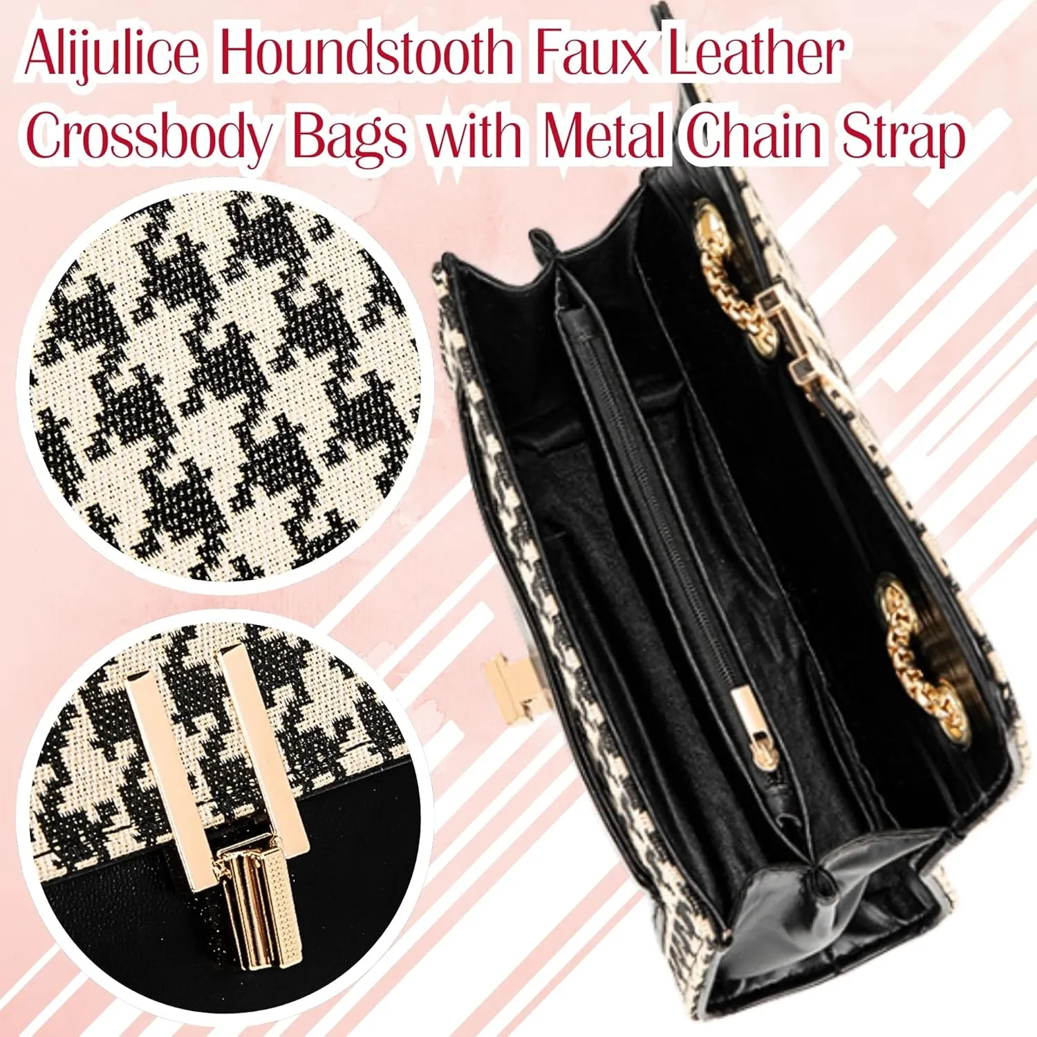 Houndstooth Faux Leather Crossbody Bags, Womens Metal Chain Strap Vegan Shoulder Clutch Purse with Rabbit Key Ring