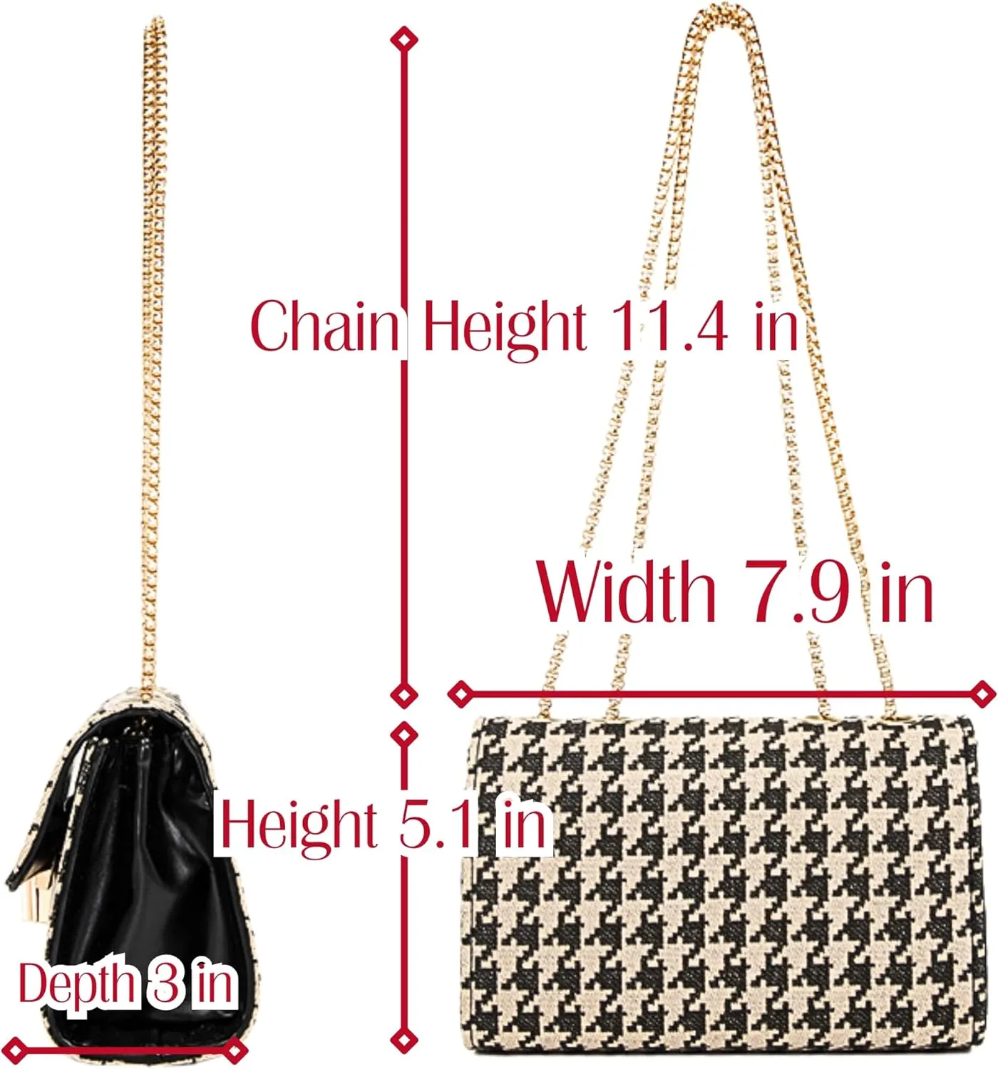 Houndstooth Faux Leather Crossbody Bags, Womens Metal Chain Strap Vegan Shoulder Clutch Purse with Rabbit Key Ring