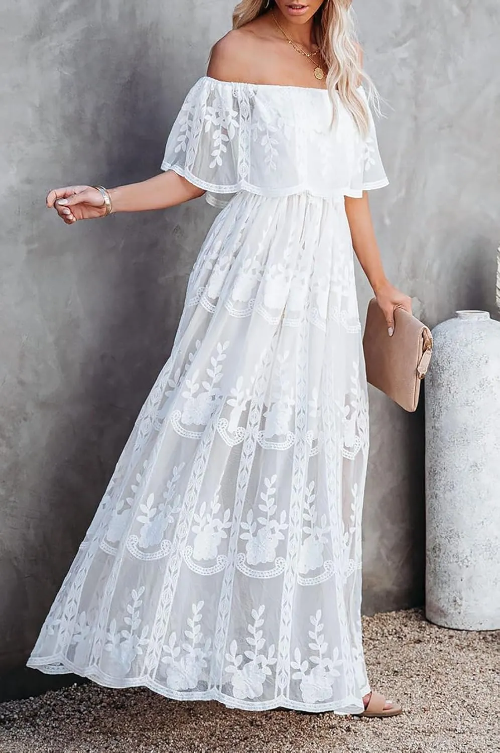 HOYISHION Women's Off The Shoulder Floral Lace Maxi Dress White Bridesmaid Wedding Party Maternity Photoshoot Long Dresses