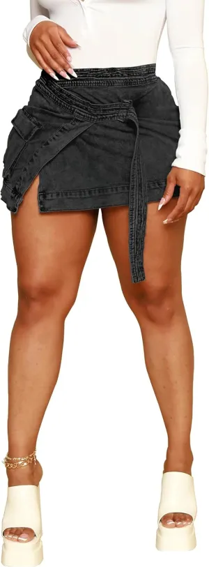 HTD Women's Mini Denim Skirts Sexy Short Jean Skirt Irregular with Pockets