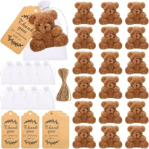 Hungdao 54 Pcs Mini Stuffed Plush Bear Baby Shower Decorations18 Pcs 4.72 Inch Tiny Bears Gift 18 Pcs Organza Bags 18 Pcs Thank You Kraft Tags Rope for Birthday Wedding Party(Brown)