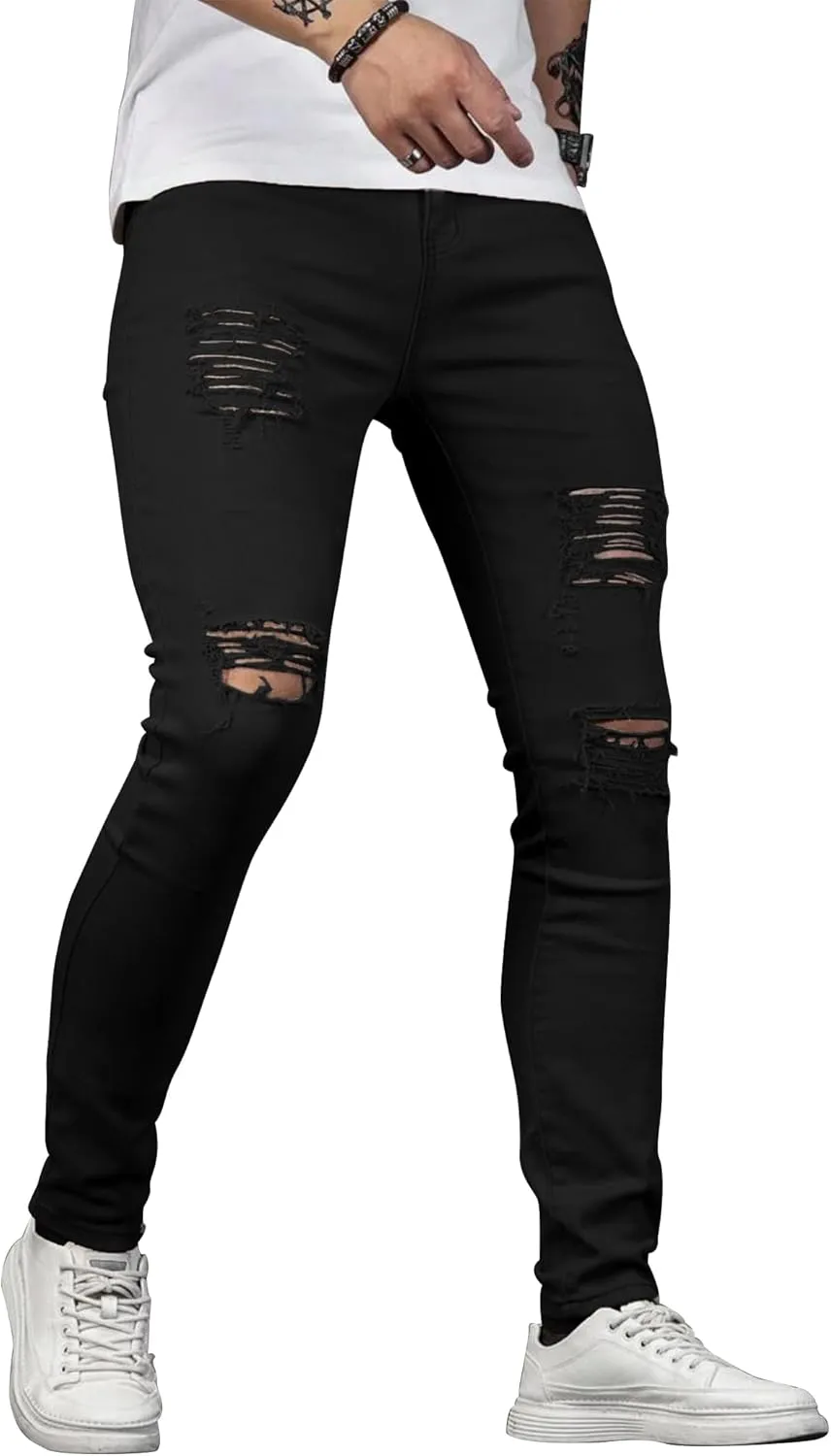 HUNGSON Men's Blue Slim Fit Jeans Stretch Destroyed Ripped Skinny Jeans Side Striped Denim Pants