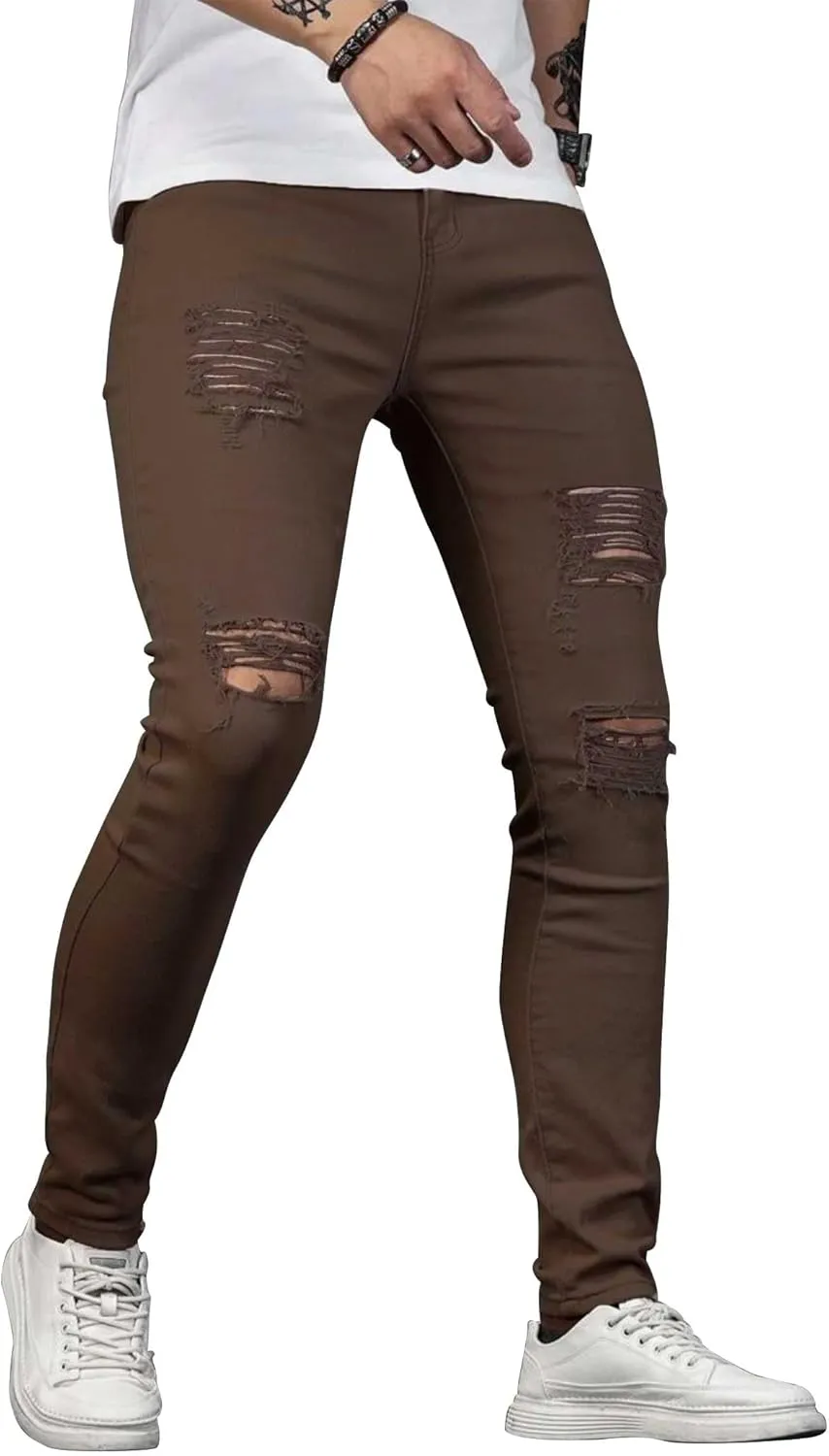 HUNGSON Men's Blue Slim Fit Jeans Stretch Destroyed Ripped Skinny Jeans Side Striped Denim Pants