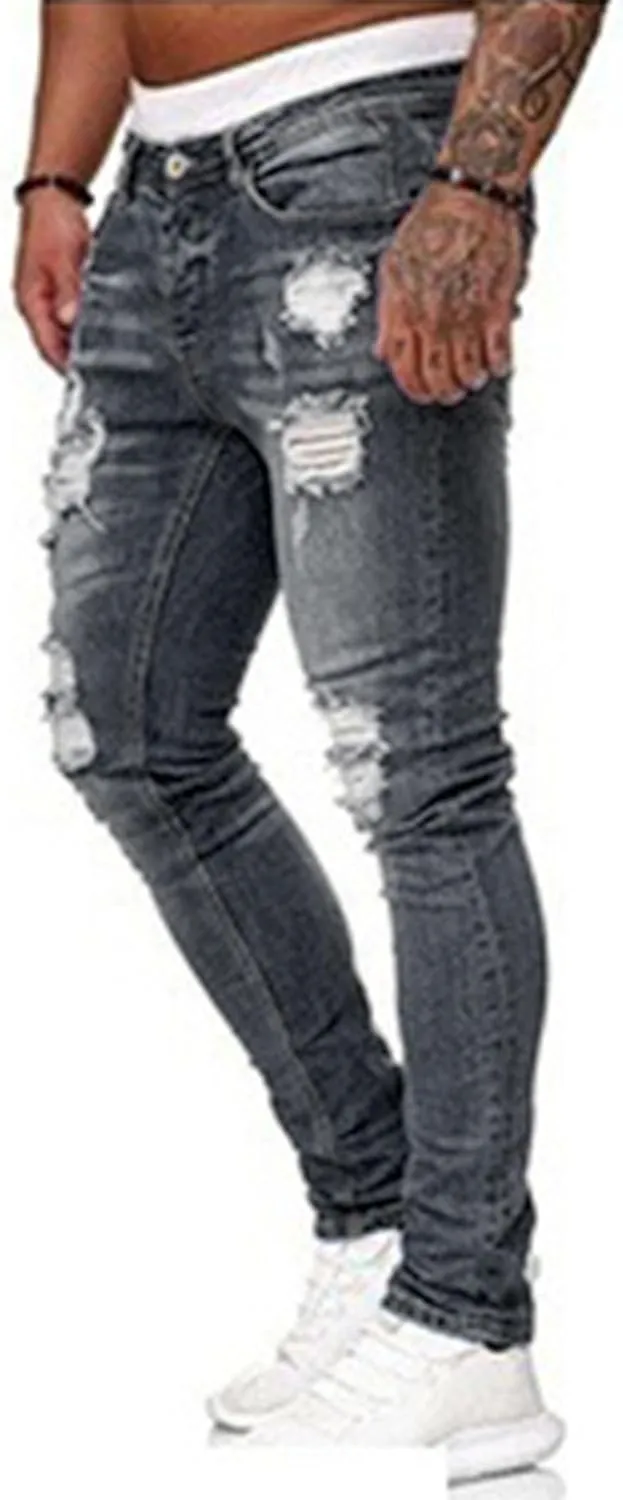 HUNGSON Men's Blue Slim Fit Jeans Stretch Destroyed Ripped Skinny Jeans Side Striped Denim Pants