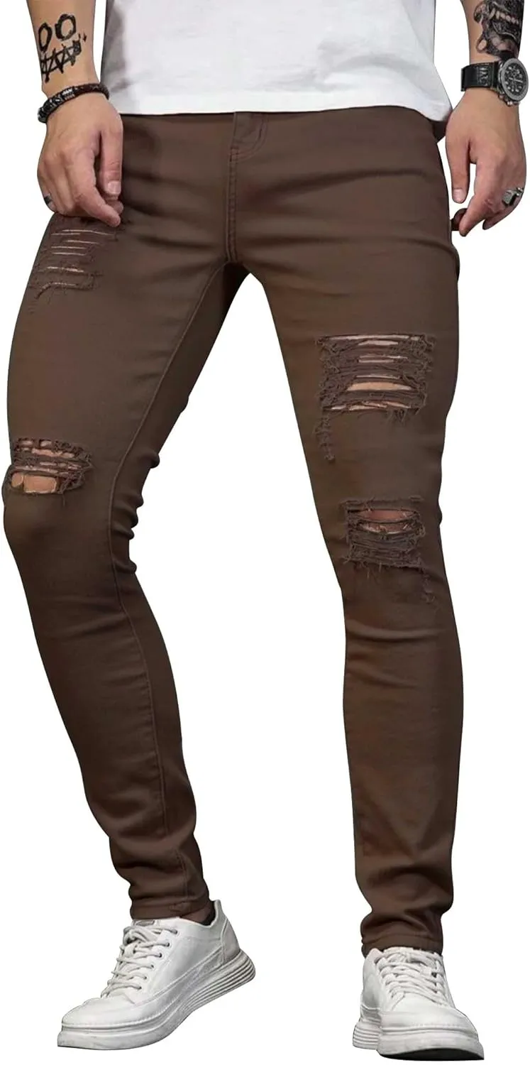 HUNGSON Men's Blue Slim Fit Jeans Stretch Destroyed Ripped Skinny Jeans Side Striped Denim Pants