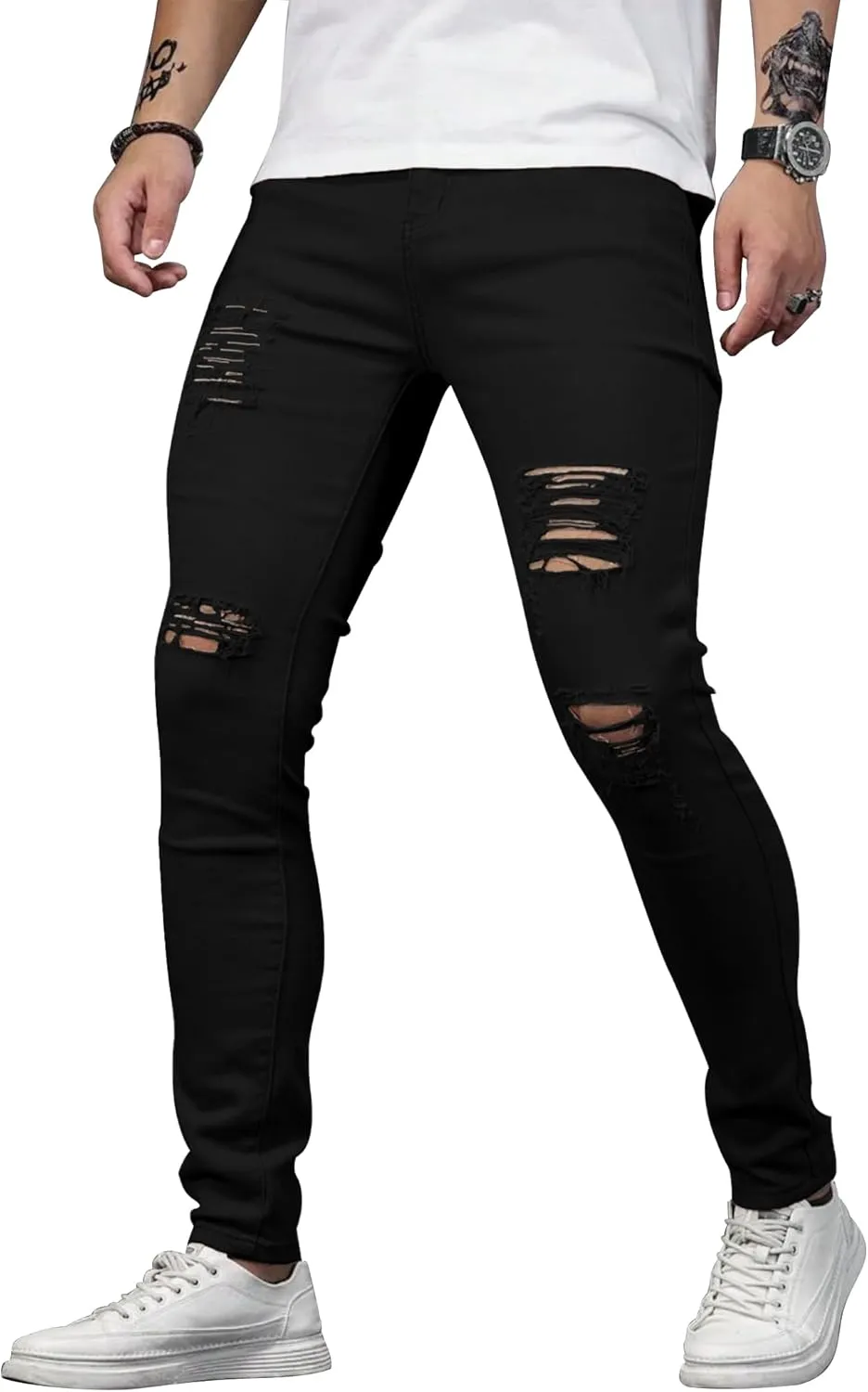 HUNGSON Men's Blue Slim Fit Jeans Stretch Destroyed Ripped Skinny Jeans Side Striped Denim Pants