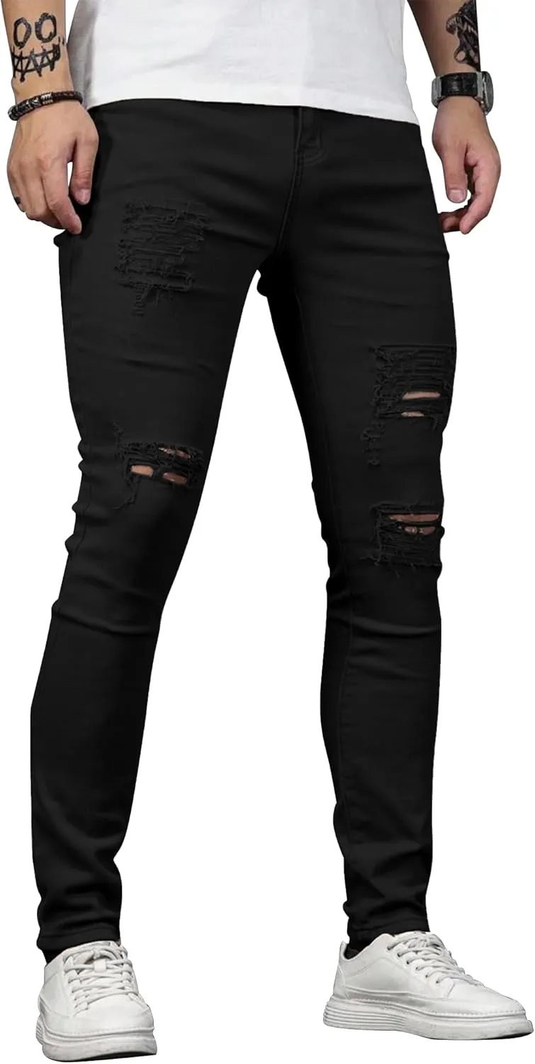 HUNGSON Men's Blue Slim Fit Jeans Stretch Destroyed Ripped Skinny Jeans Side Striped Denim Pants