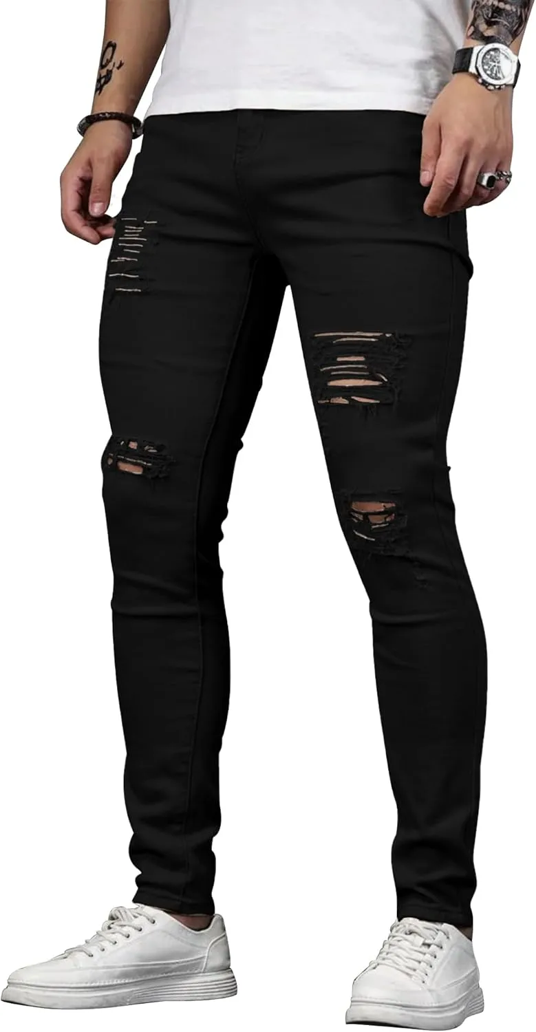 HUNGSON Men's Blue Slim Fit Jeans Stretch Destroyed Ripped Skinny Jeans Side Striped Denim Pants