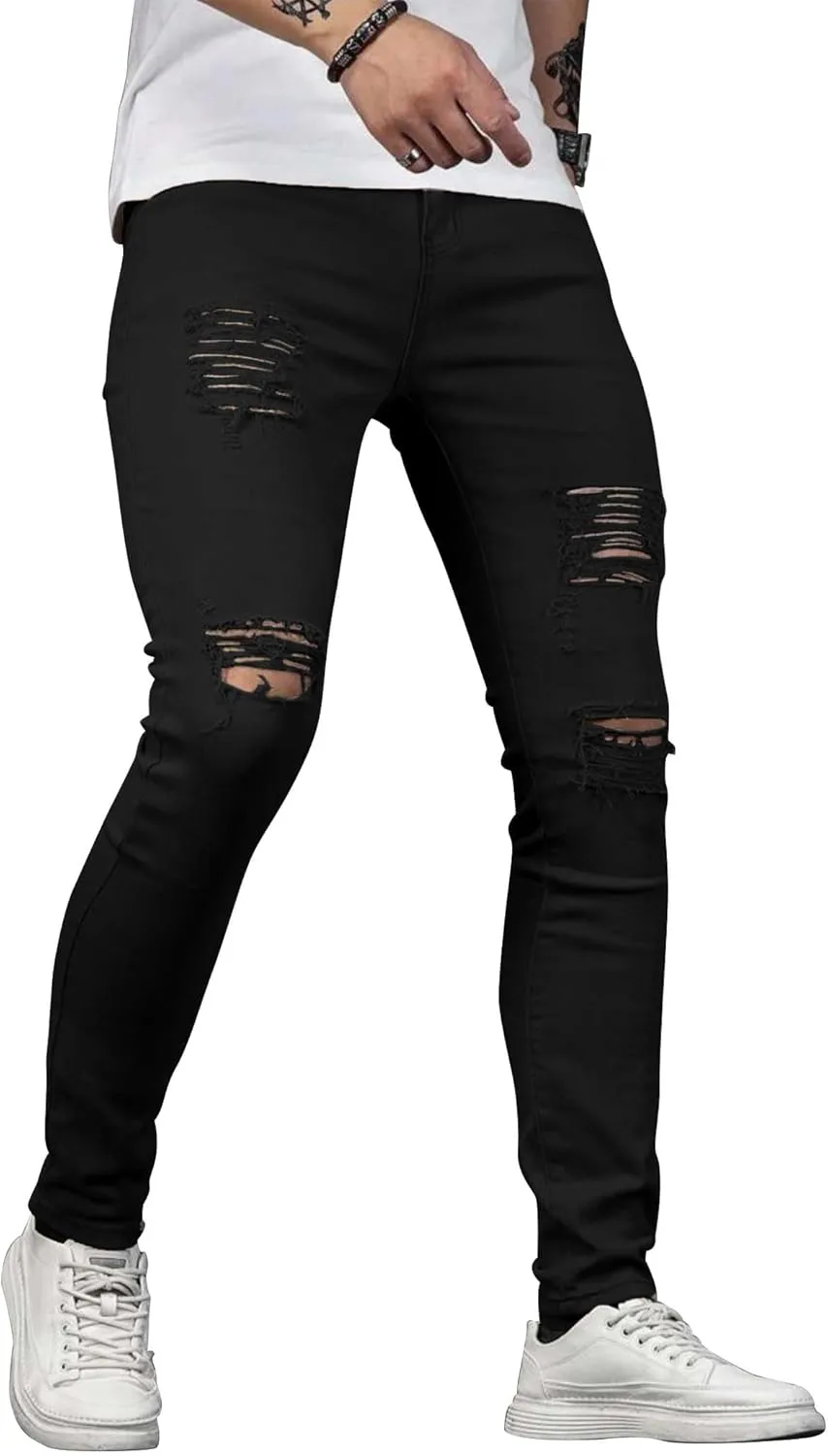 HUNGSON Men's Blue Slim Fit Jeans Stretch Destroyed Ripped Skinny Jeans Side Striped Denim Pants
