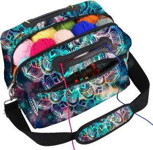 icolor Crochet Bag Organizer | Yarn Storage Tote Holder | Knitting Bag for Knitting Crocheting with Shoulder Strap & Zipper Pockets for Crochet Hooks Needles Accessories for Women (Mandala)